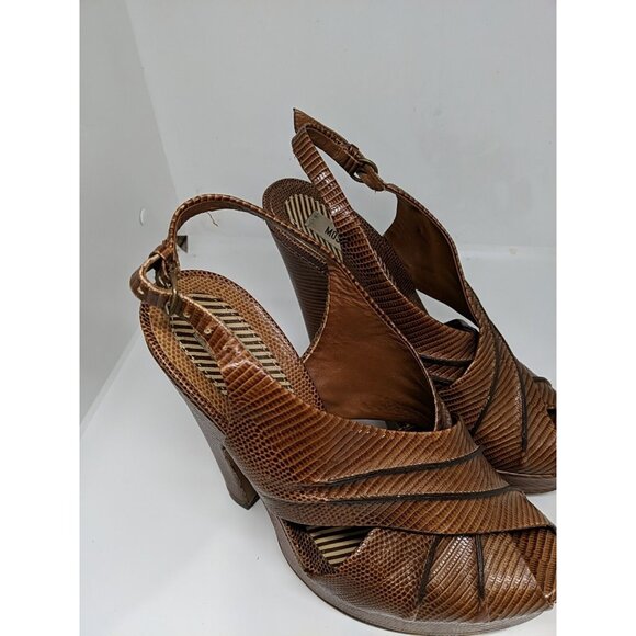 MOSCHINO Women'ts Vtg BROWN LEATHER SLINGBACK PLATFORM HEELS Size 39.5 - Picture 2 of 13